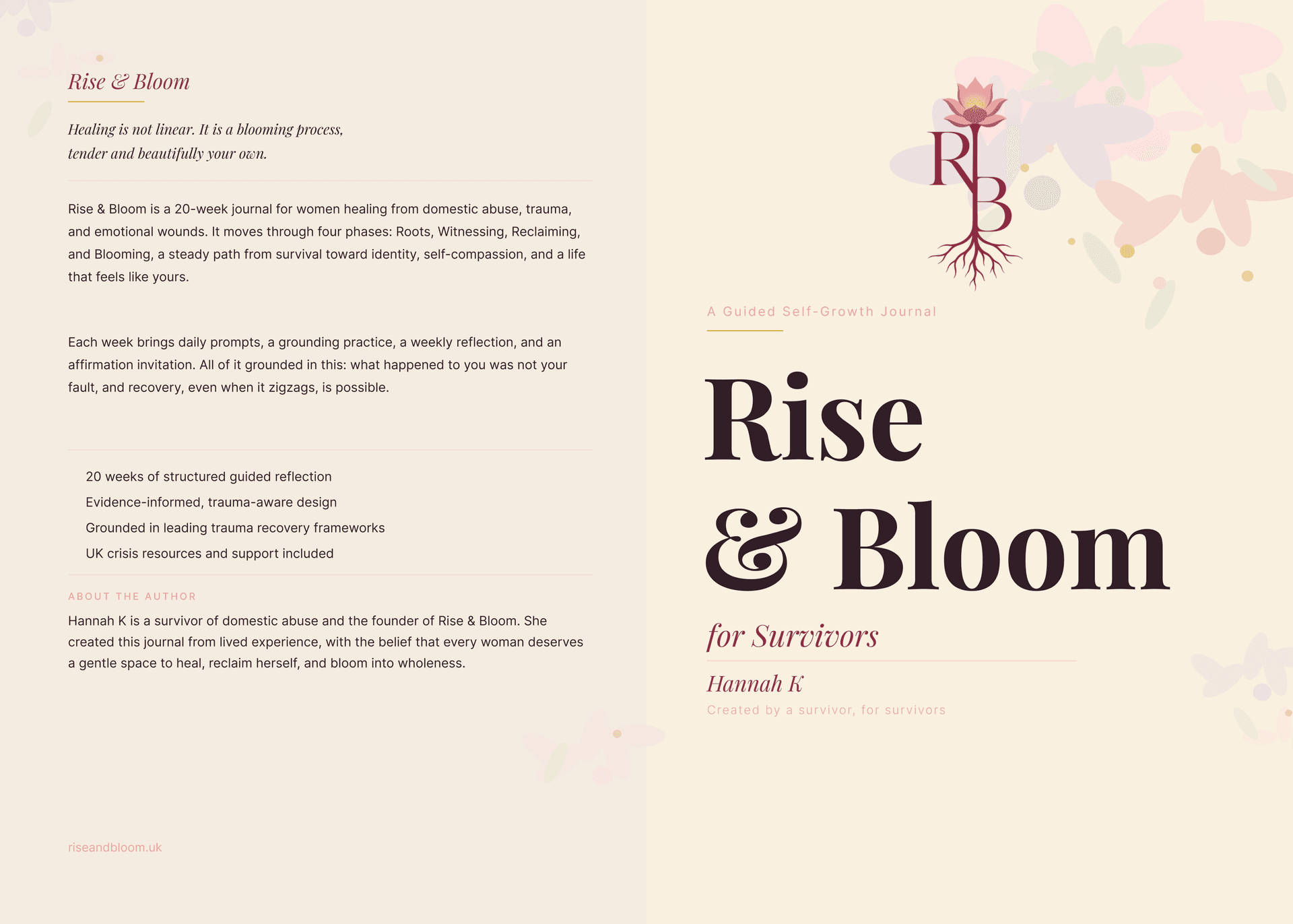 Rise & Bloom, A Guided Self-Growth Journal by Hannah K. Cream cover with watercolour botanical illustrations.