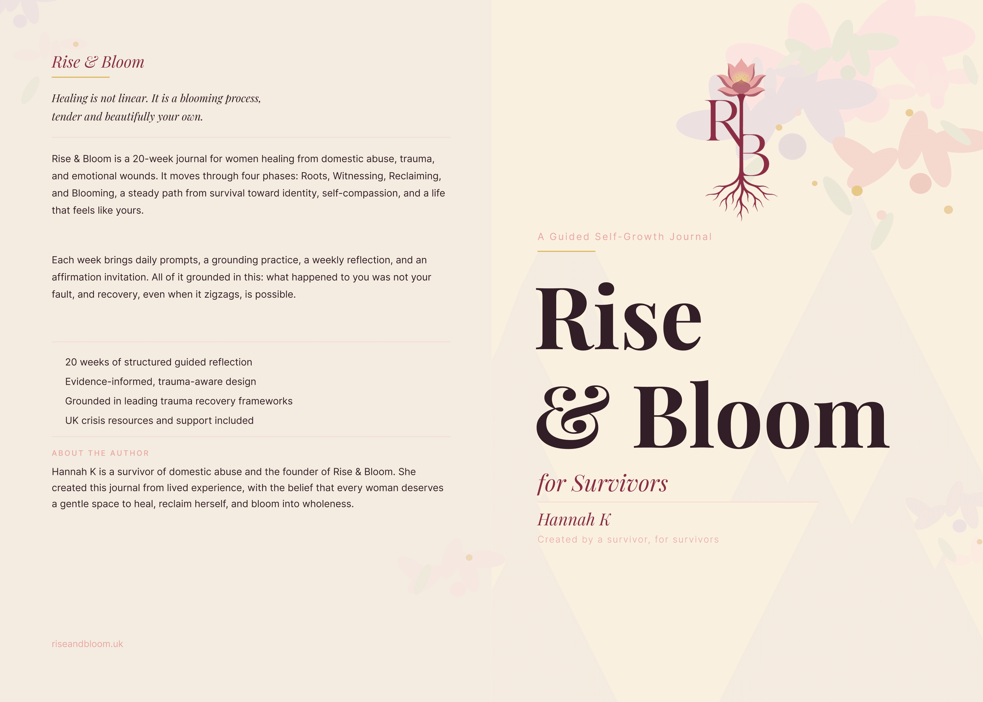 Rise & Bloom, A Guided Self-Growth Journal by Hannah K. Cream cover with watercolour botanical illustrations.